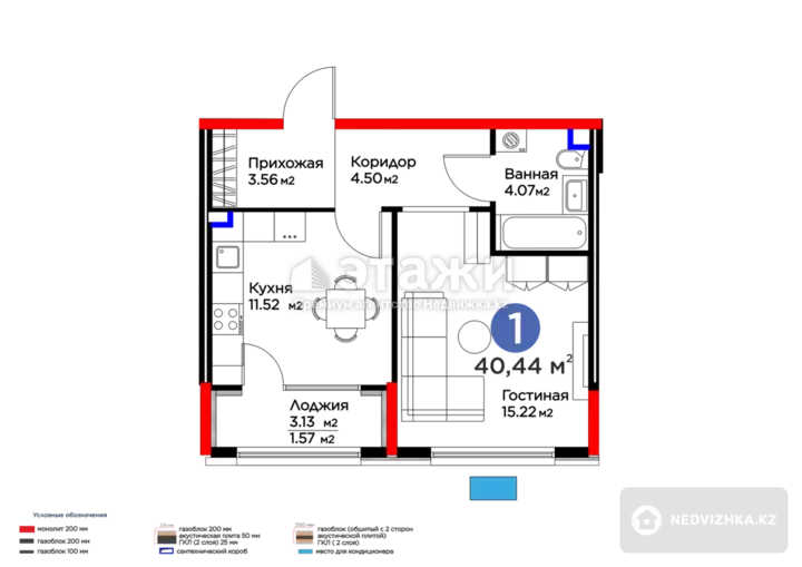 40.92 м², 1-комнатная квартира, этаж 9 из 9, 41 м², изображение - 1