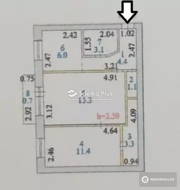 2-комнатная квартира, этаж 3 из 5, 45 м²