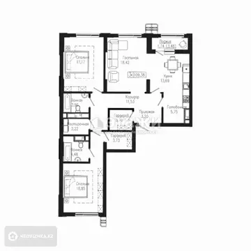 3-комнатная квартира, этаж 9 из 14, 109 м²