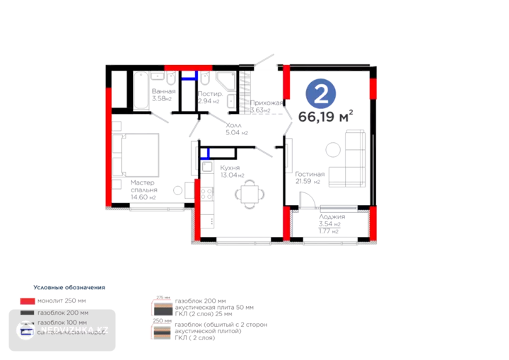 66.2 м², 2-комнатная квартира, этаж 3 из 21, 66 м², изображение - 1