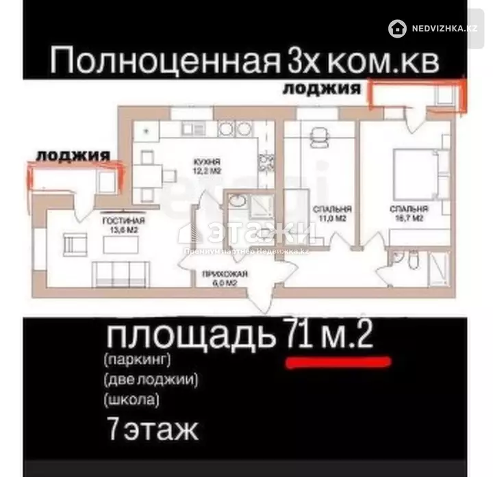 71 м², 3-комнатная квартира, этаж 7 из 10, 71 м², изображение - 1