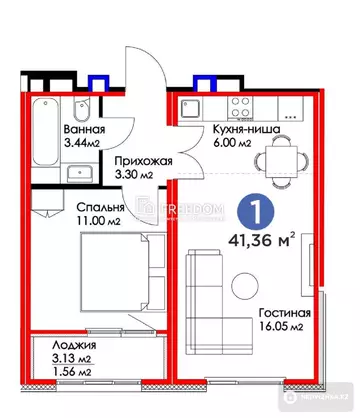 2-комнатная квартира, этаж 1 из 17, 41 м²