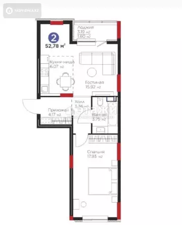 52.78 м², 2-комнатная квартира, этаж 2 из 9, 53 м², изображение - 19