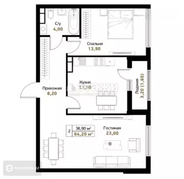 2-комнатная квартира, этаж 10 из 12, 65 м²