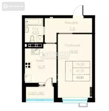 1-комнатная квартира, этаж 8 из 9, 43 м²