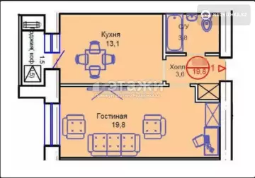 1-комнатная квартира, этаж 12 из 12, 44 м²