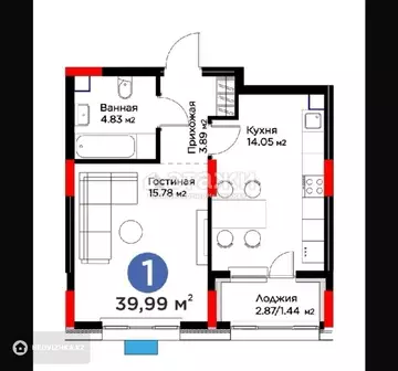 1-комнатная квартира, этаж 2 из 17, 40 м²