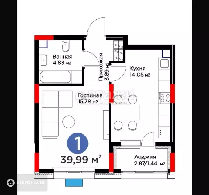 40 м², 1-комнатная квартира, этаж 2 из 17, 40 м², изображение - 1