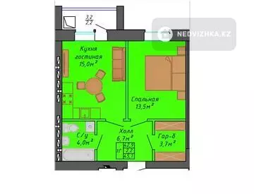 1-комнатная квартира, этаж 2 из 9, 45 м²