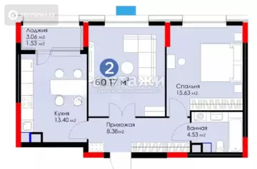 60.2 м², 2-комнатная квартира, этаж 2 из 17, 60 м², изображение - 0