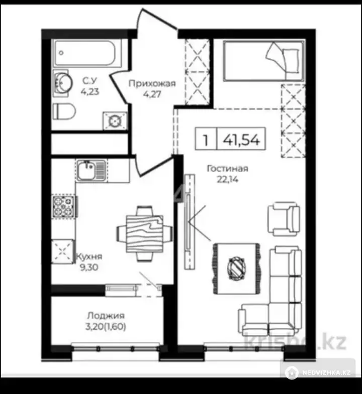 42 м², 1-комнатная квартира, этаж 2 из 12, 42 м², изображение - 1