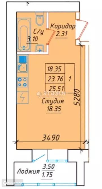 26 м², 1-комнатная квартира, этаж 6 из 9, 26 м², изображение - 1