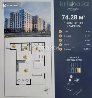 3-комнатная квартира, этаж 2 из 9, 74 м²