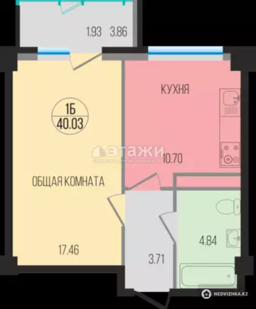 1-комнатная квартира, этаж 3 из 16, 40 м²