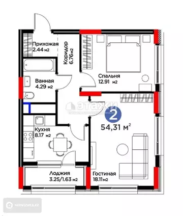52 м², 2-комнатная квартира, этаж 8 из 12, 52 м², изображение - 10