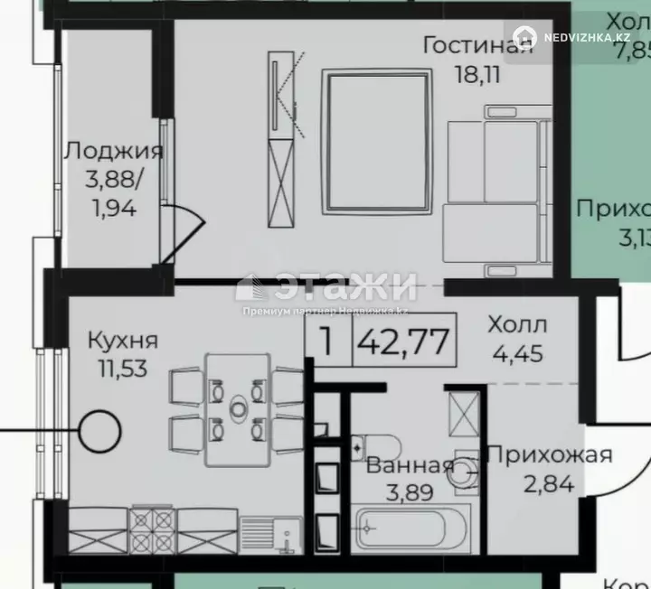 42.77 м², 1-комнатная квартира, этаж 5 из 17, 43 м², изображение - 1