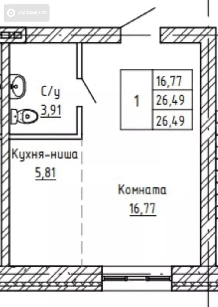 26.49 м², 1-комнатная квартира, этаж 5 из 6, 26 м², изображение - 1
