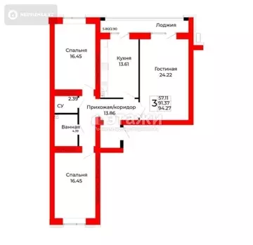3-комнатная квартира, этаж 9 из 9, 94 м²