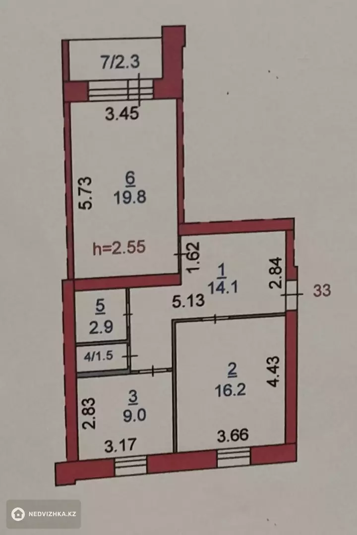 65.8 м², 2-комнатная квартира, этаж 5 из 5, 66 м², изображение - 1
