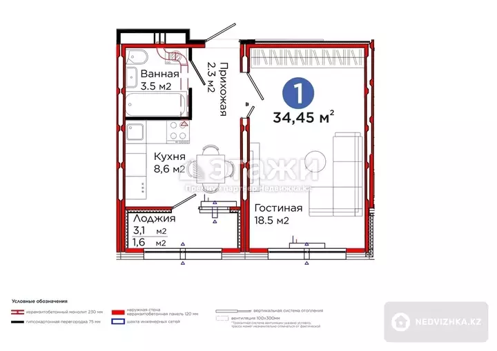 35 м², 1-комнатная квартира, этаж 10 из 12, 35 м², изображение - 1