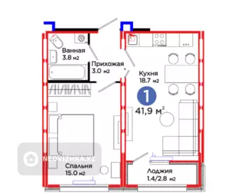 1-комнатная квартира, этаж 12 из 14, 42 м²