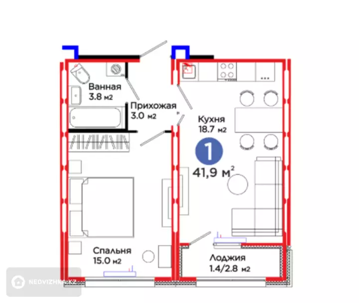 41.9 м², 1-комнатная квартира, этаж 12 из 14, 42 м², изображение - 1