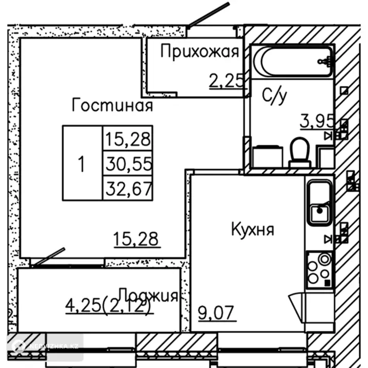 32.6 м², 1-комнатная квартира, этаж 6 из 9, 33 м², изображение - 1