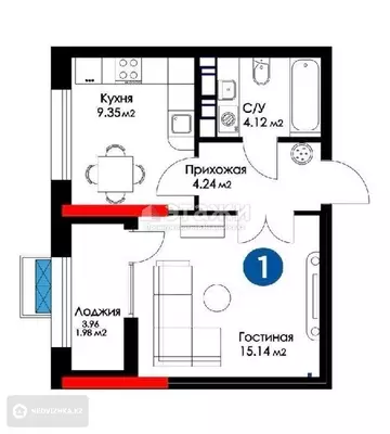 35.4 м², 1-комнатная квартира, этаж 8 из 9, 35 м², изображение - 7