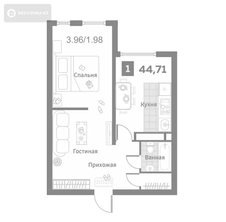 44.6 м², 2-комнатная квартира, этаж 11 из 13, 45 м², изображение - 1