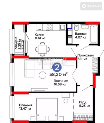 58.2 м², 2-комнатная квартира, этаж 10 из 14, 58 м², изображение - 5