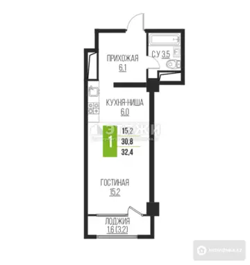 1-комнатная квартира, этаж 6 из 12, 34 м²