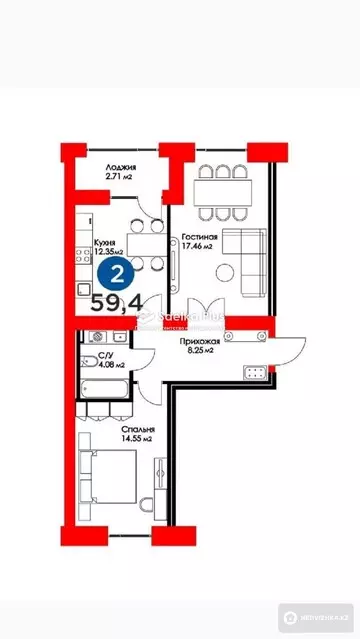60 м², 2-комнатная квартира, этаж 9 из 9, 60 м², изображение - 19