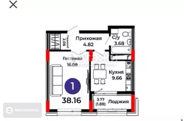 1-комнатная квартира, этаж 16 из 16, 38 м²