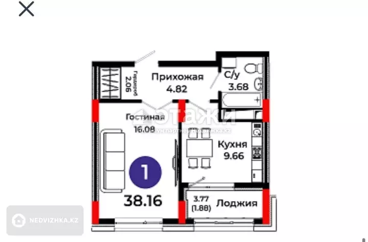 38 м², 1-комнатная квартира, этаж 16 из 16, 38 м², изображение - 1