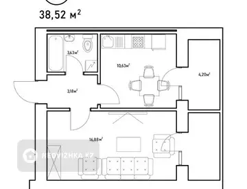 1-комнатная квартира, этаж 4 из 12, 38 м²