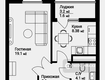 1-комнатная квартира, этаж 2 из 9, 38 м²