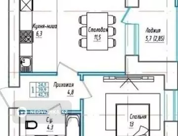 1-комнатная квартира, этаж 5 из 10, 40 м²
