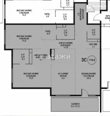 3-комнатная квартира, этаж 3 из 3, 115 м²