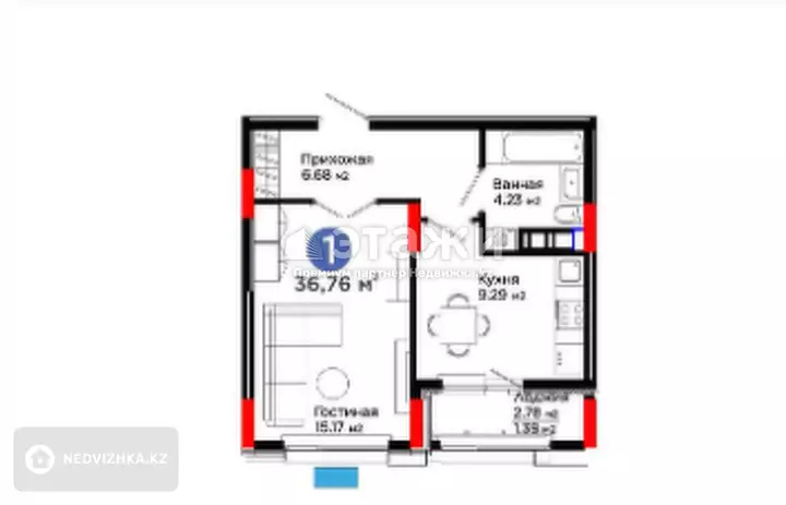 36 м², 1-комнатная квартира, этаж 8 из 9, 36 м², изображение - 1