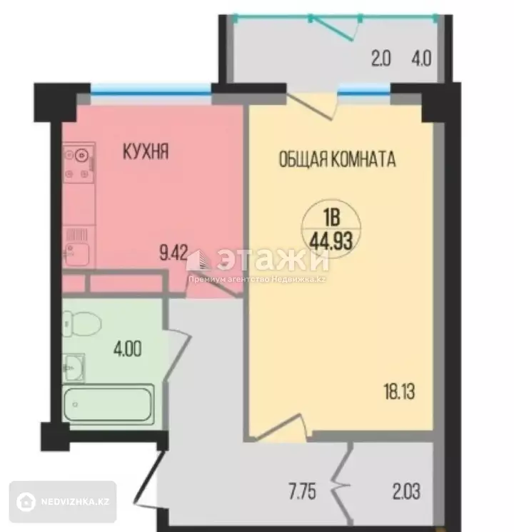 45 м², 2-комнатная квартира, этаж 4 из 9, 45 м², изображение - 1