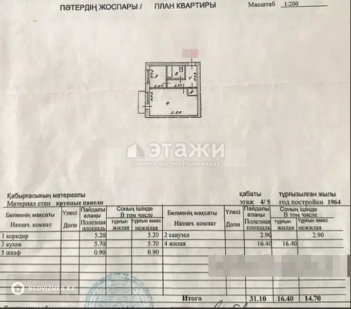 31.1 м², 1-комнатная квартира, этаж 4 из 5, 31 м², изображение - 1