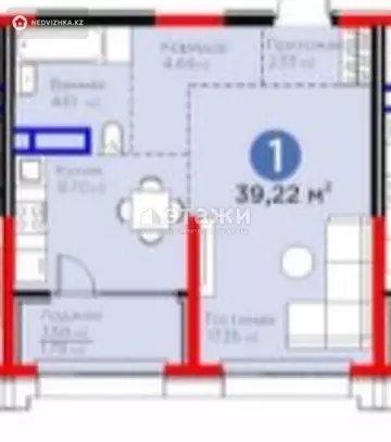 1-комнатная квартира, этаж 3 из 4, 39 м²