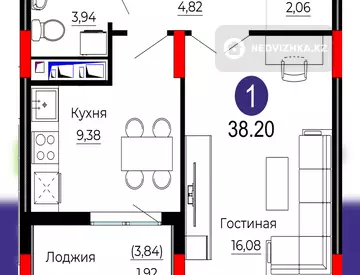 1-комнатная квартира, этаж 10 из 12, 38 м²