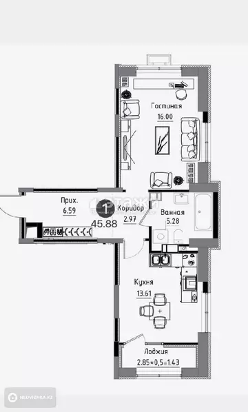 46 м², 2-комнатная квартира, этаж 6 из 17, 46 м², изображение - 7