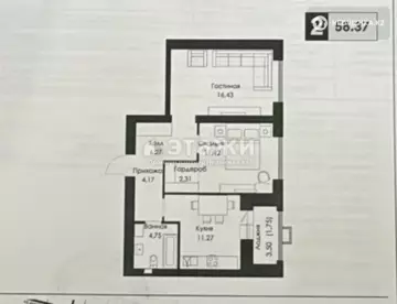 2-комнатная квартира, этаж 1 из 9, 58 м²