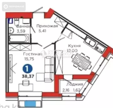1-комнатная квартира, этаж 2 из 8, 40 м²