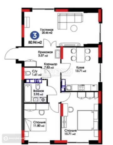 80.94 м², 3-комнатная квартира, этаж 4 из 12, 81 м², изображение - 16
