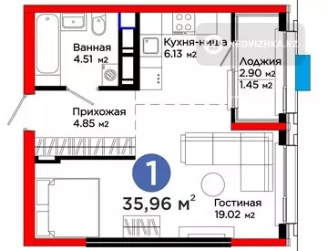 34 м², 1-комнатная квартира, этаж 5 из 16, 34 м², изображение - 4