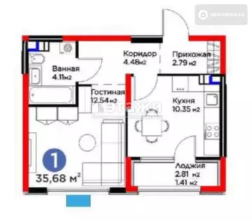 1-комнатная квартира, этаж 4 из 6, 36 м²