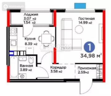 1-комнатная квартира, этаж 5 из 6, 35 м²